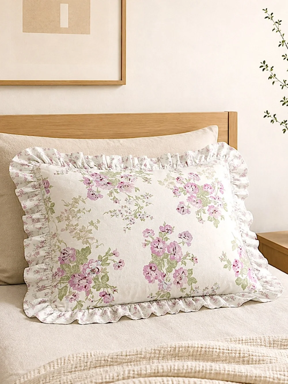 Shabby Chic Misty Rose pillowcase floral ruffle edge cotton stripe standard
